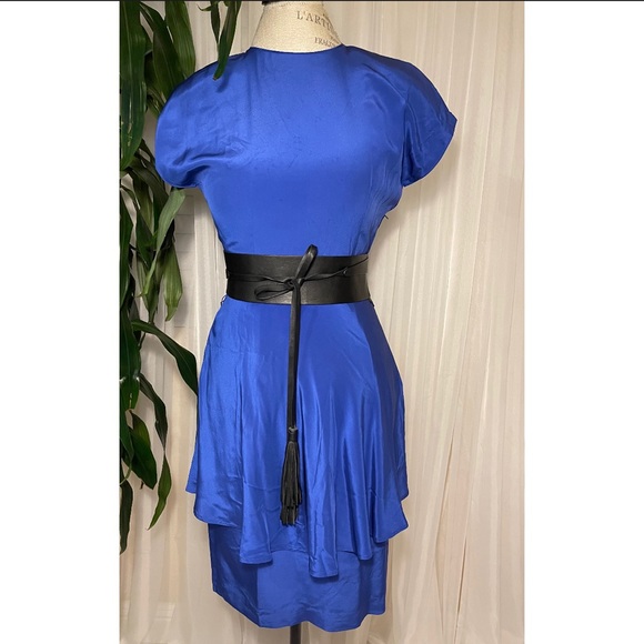 Vintage 1980s 100% Silk Cobalt Blue Peplum Short Sleeve Dress Size 8 - Picture 3 of 5